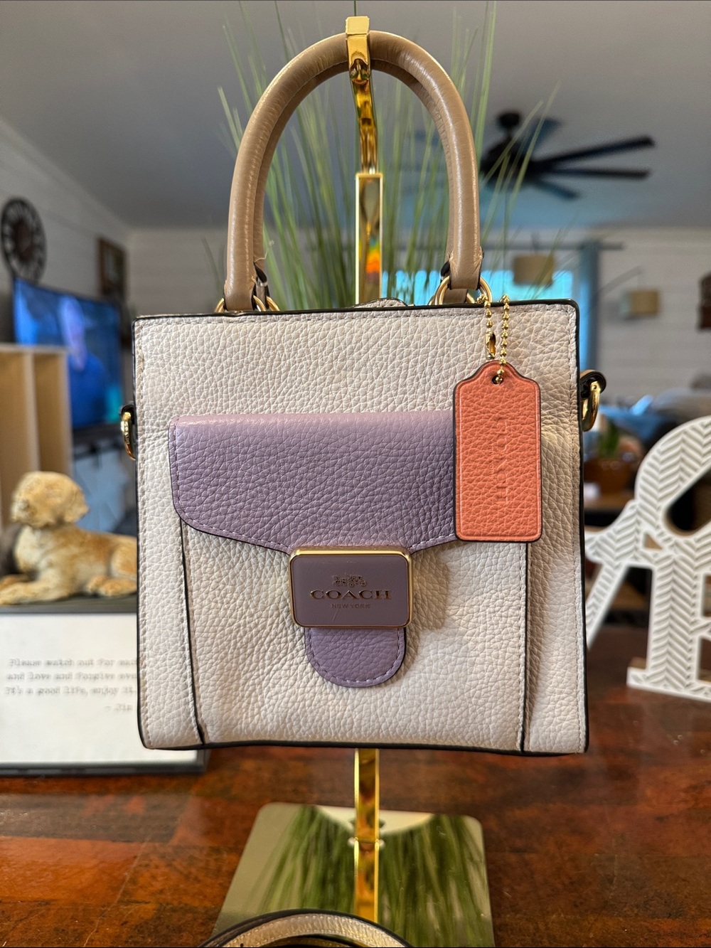 Coach Pebbled Leather Mini Top-Handle Bag in Cream, Lilac & Coral